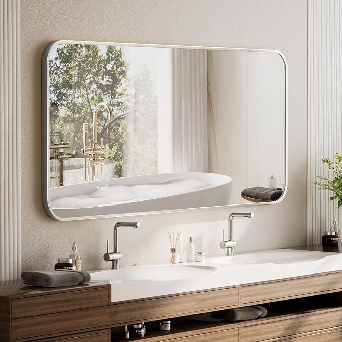 BEAUTYPEAK Silver Wall Mounted Bathroom Mirror, Aluminum Alloy Frame Bathroom - Image 5