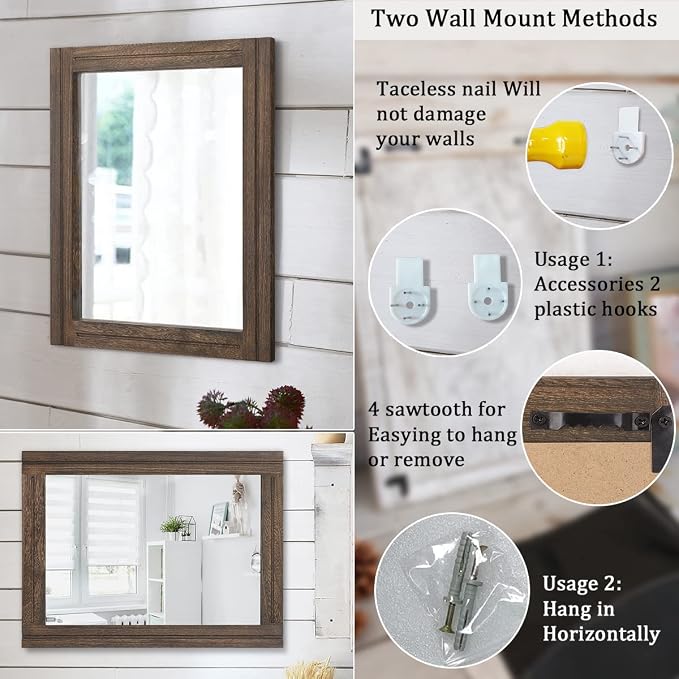 AAZZKANG Rustic Wood Mirror Rectangle Decorative Wall Hanging Mirrors - Image 3