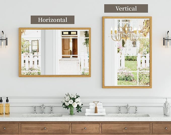 Syndra Natural Wood Frame Bathroom Mirror, 24x36'' Modern Vanity Mirror - Image 6