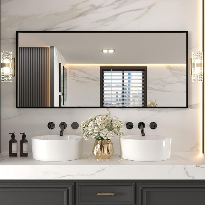 LOAAO 72"X32" Black Rectangle Bathroom Mirror Wall, Matte Black Aluminum Alloy by LOAAO