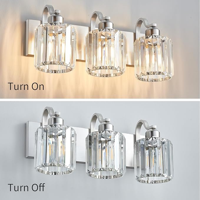 Modern Vanity Light 3-Lights Brushed Nickel Vanity Light Crystal Bathroom Wall - Image 7