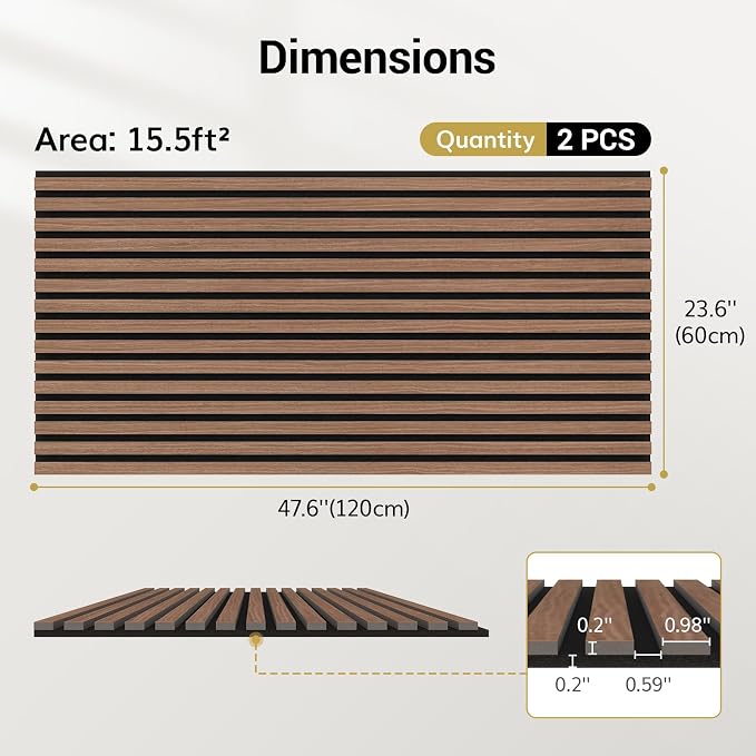 TONOR Wood Slatwall Panels, 2 Pack 47.2" x 23.6"/ 120 x60cm Acoustic Wall Panels - Image 3