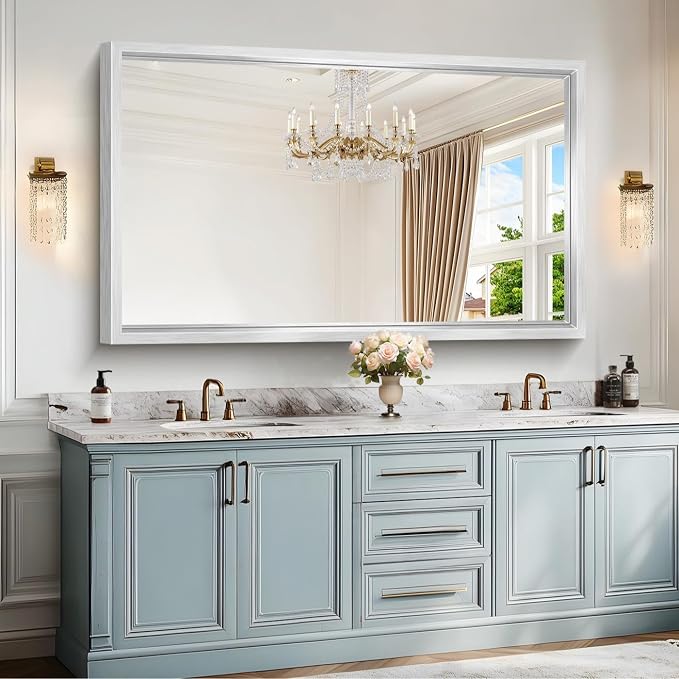 60x36 Inch Brushed Silver Bathroom Mirror, Large Rectangular Mirror - Image 2