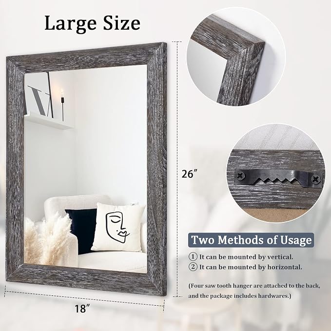 AAZZKANG Wall Mirror with Rectangle Wood Frame Large 26"x18" Rustic Decorative - Image 2