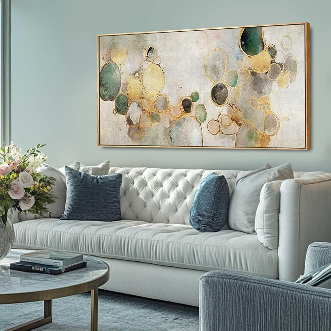 Gold Circle Modern Artwork Framed Abstract Wall Art Green Canvas Decor 24"x48" by YJYart