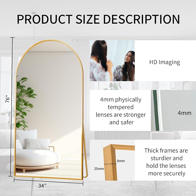 Beauty4U Arched Full Length Mirror 76" x 34", Floor Standing & Wall Mounted HD - Image 2