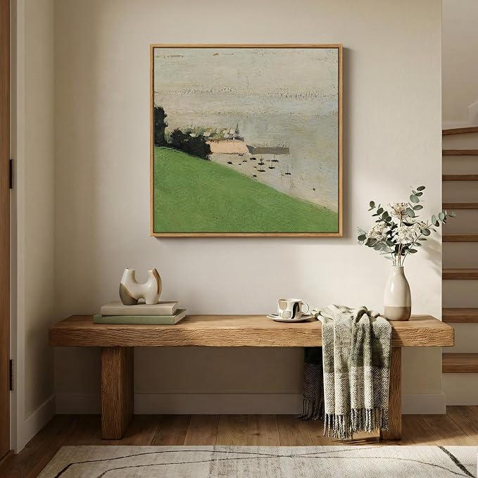 Framed Green Abstract Landscape Wall Art, Modern Minimalist Coastal Canvas - Image 4