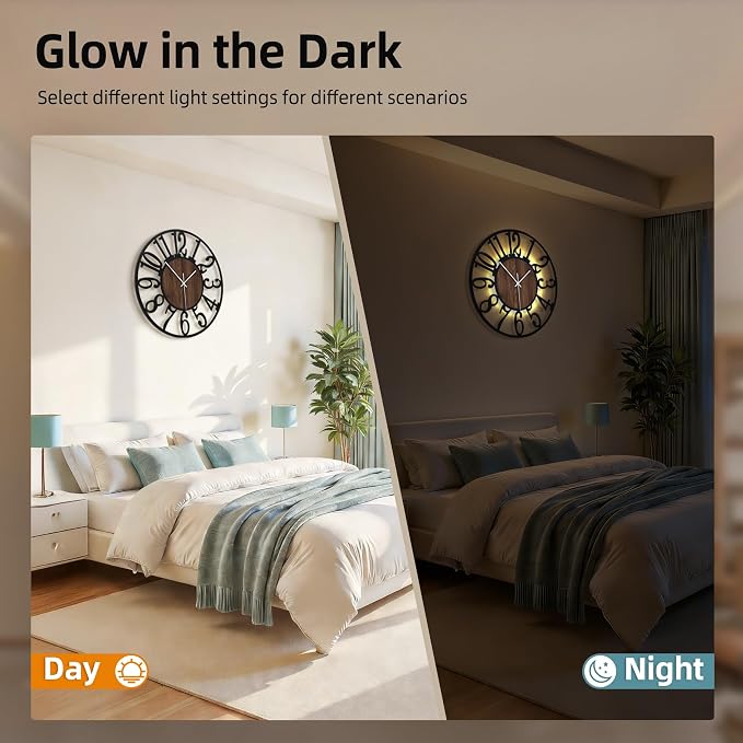 20'' Silent Wall Clock with Adjustable Night Light, Glow in The Dark Decorative - Image 3