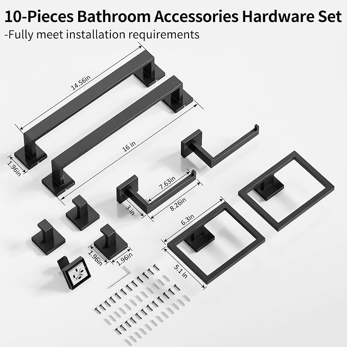 Gypie Bathroom Accessories Set 10-Piece Stainless Steel Modern Wall Mount Towel - Image 6
