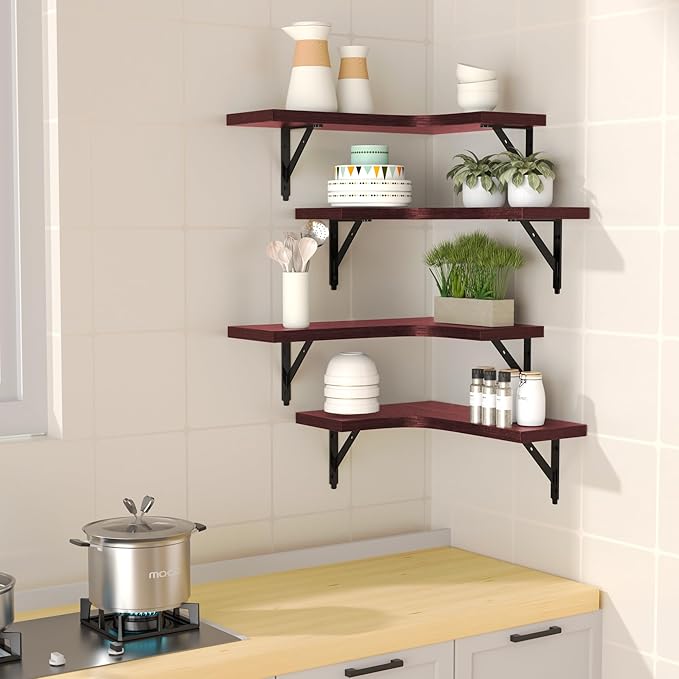 ROMGUAR CRAFT Corner Floating Shelves Wall Mounted Set of 4, Rustic Wood - Image 2