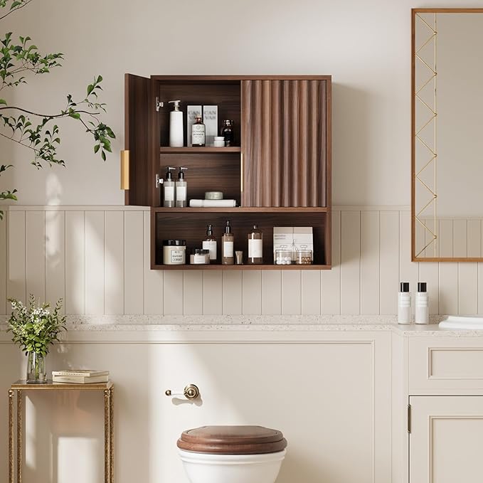 VINGLI Bathroom Wall Cabinet, Walnut Fluted Medicine Cabinet - Image 4