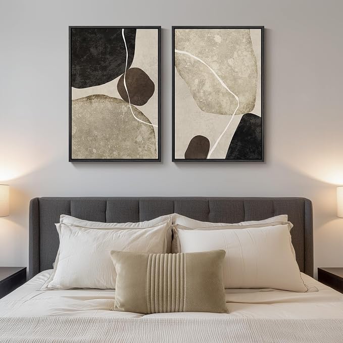 Framed Neutral Abstract Wall Art Set of 2, Modern Black Beige Brown Canvas - Image 2