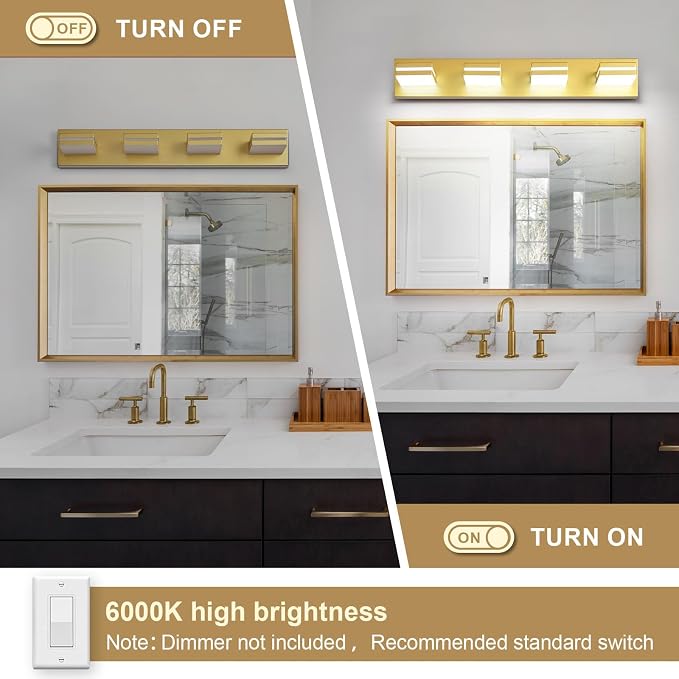 Modern LED Bathroom Lights Fixtures 4-Light, Metal Gold Acrylic Wall Lighting - Image 3