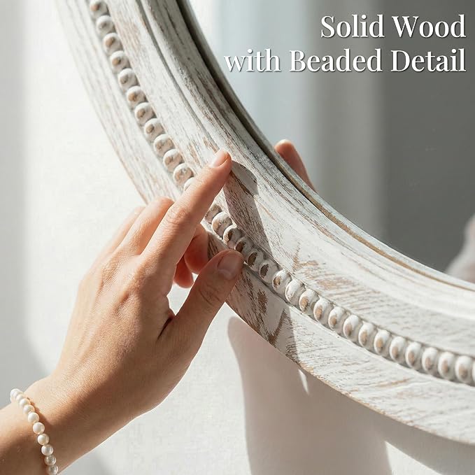 30" White Round Wood Mirror for Bathroom Vanity, Distressed Solid Wood Wall - Image 2