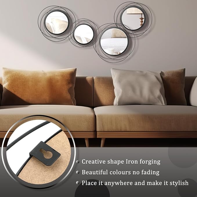Hicarer 4 Pcs Decorative Round Modern Circle Mirror Wall Art Ring Metal Mirror - Image 6