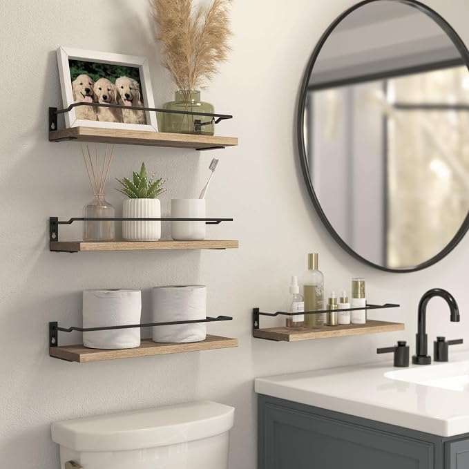 RICHER HOUSE 4-Piece Bathroom Paulownia Wood Shelves Set, Wall Mounted - Image 2