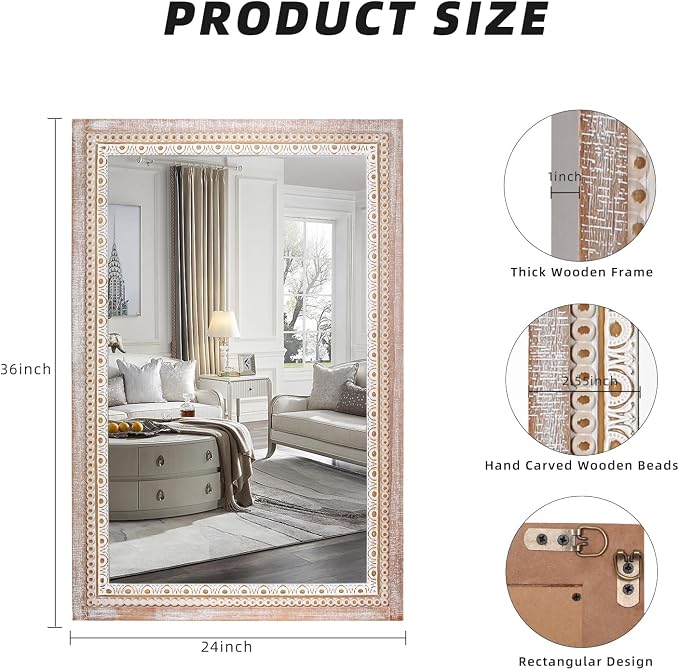 36x24 Inch Rustic Farmhouse Rectangle Bathroom Mirror Decorative, Boho Wooden - Image 3
