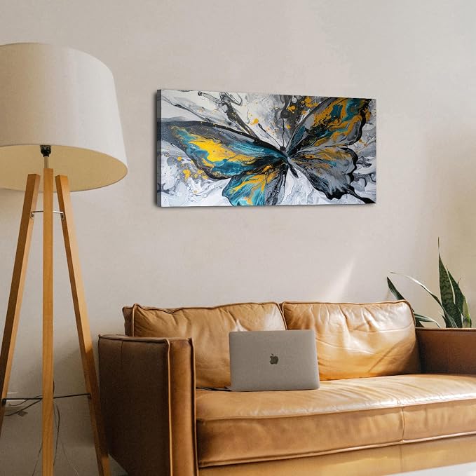 Abstract Butterfly Wall Art Teal Grey Yellow Butterfly Wall Decor Modern Marble - Image 6