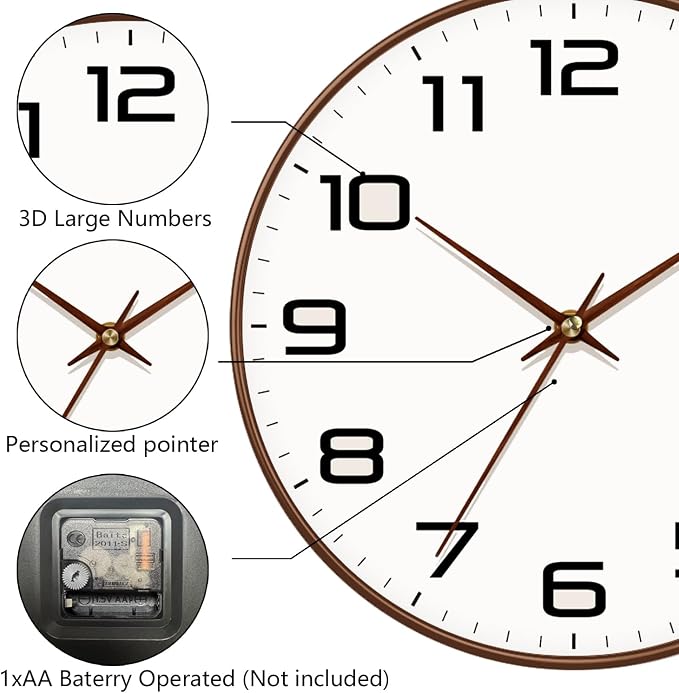Woodgrain Wall Clock, Silent Non-Ticking Battery Operated Clock 10 Inch - Image 7