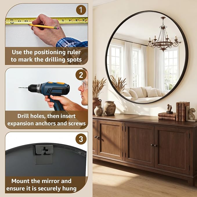 DUMOS 24 Inch Round Wall Mirror, Bathroom Mirror - Image 7