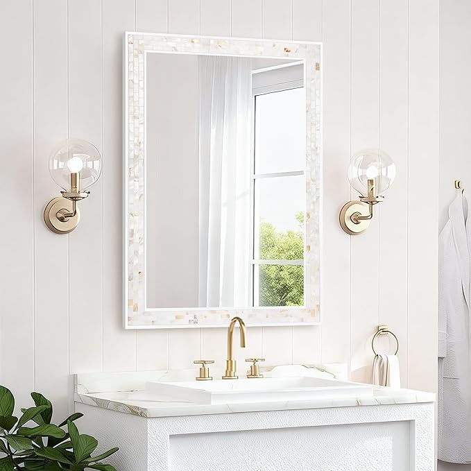 Mosaic Mirrors for Wall 20x28 Inch, Natural Mother of Pearl Inlay White Framed - Image 2
