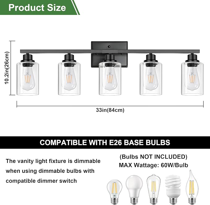 Ascher 5-Light Bathroom Light Fixtures, 33 Inch Vanity Lights - Image 3