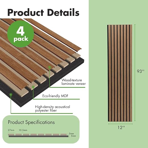 Art3d 4-Pack 12" x 93" Soundproof Wood Slat Panels, 31 sq.ft Acoustic Wall - Image 3