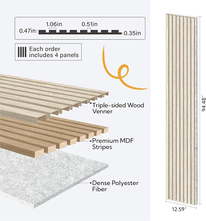 Olanglab Wood Wall Panels 4 Pack, Wood Slat Acoustic Wall Panels, 94.5"x12.6" - Image 4