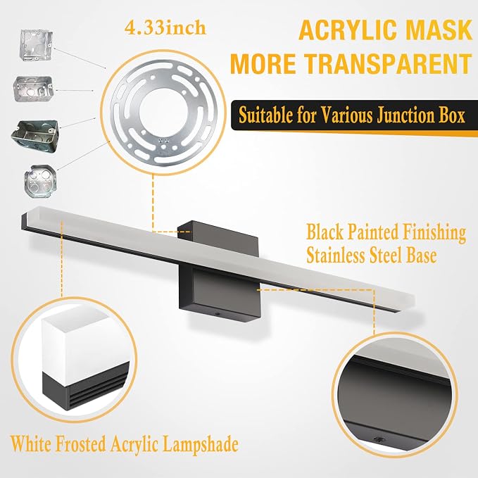 Combuh Bathroom Light Fixtures Dimmable Black Vanity Lights Bar 24 Inch 14W - Image 7