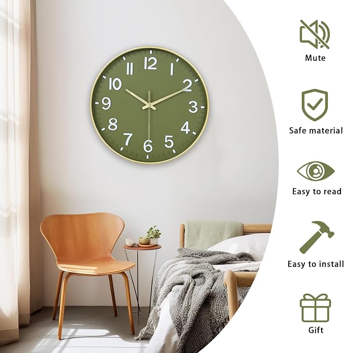 HZDHCLH Wall Clocks Battery Operated, Wall Clock Green Gold, 14 inch Wall Clock - Image 4