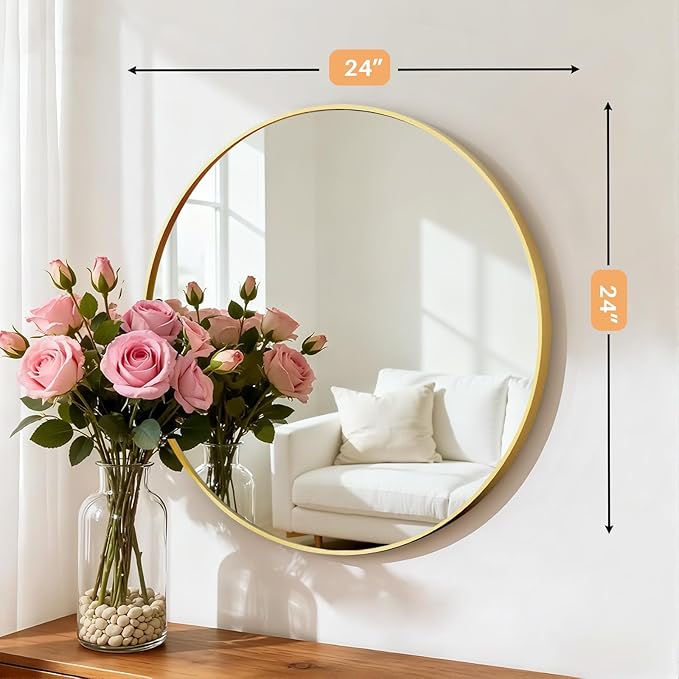Bathroom Mirror for Wall, 24 Inch Round Mirror, Matte Gold Metal Framed Circle - Image 3