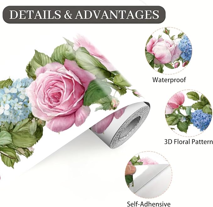 Floral Wallpaper Border 196x4 Inch Peel and Stick Wall Border Pink Blue Rose - Image 9