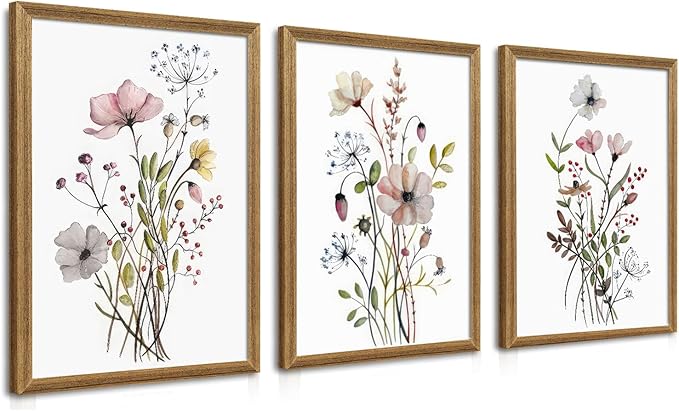 WRFON Framed Botanical Canvas Wall Art Set of 3, Watercolor Floral Prints by Unknown