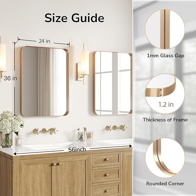 USHOWER Gold Bathroom Mirrors 24"x36" 2 Pack, Brushed Gold Rectangle Mirrors - Image 2