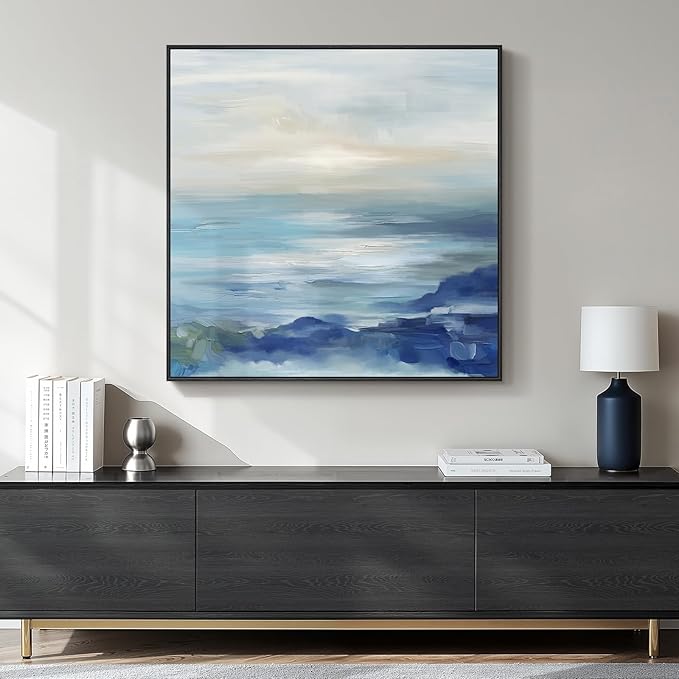 Framed Blue Abstract Wall Art for Living Room, Large Coastal Canvas Artwork for by Cuspin