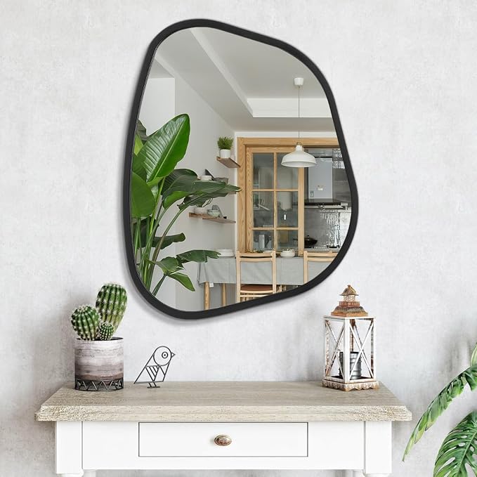 Black Asymmetrical Mirror Large 26"x18" Irregular Oval Wall Mirror Modern Wood - Image 4