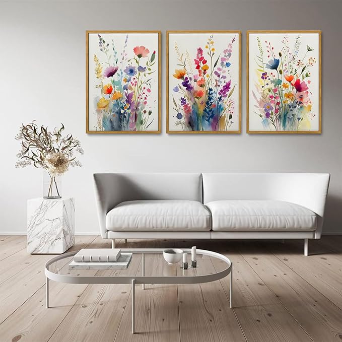 KISSFOX Framed Colorful Wildflower Canvas Wall Art Set Of 3 Flowers Pictures - Image 3