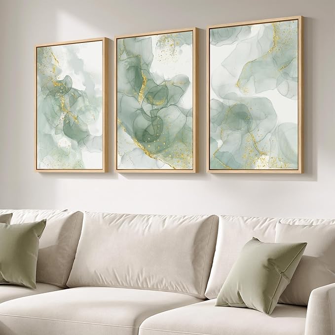 Large Framed Sage Green Abstract Wall Art, 3 Piece Modern Canvas Prints by Cuspin
