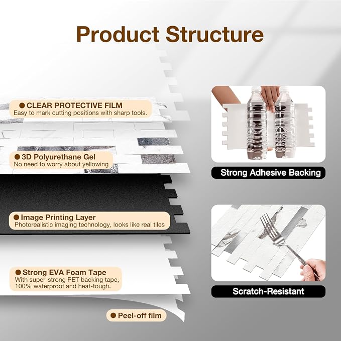 Peel and Stick Backsplash Tile Waterproof Removable PVC Wall Sticker 3D Faux - Image 6