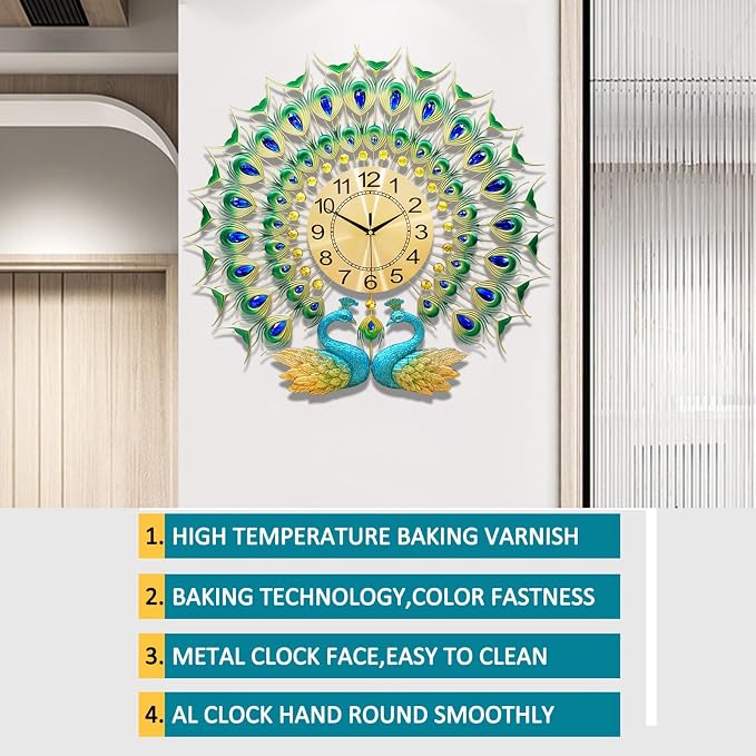 Large Peacock Wall Clock 27.6 inch Non-Ticking Silent Crystal Creative - Image 6