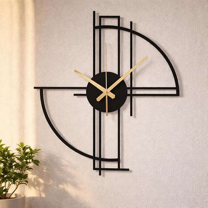 Modern Geometric Metal Wall Clock, Minimalist Black Steel Design, Silent - Image 2