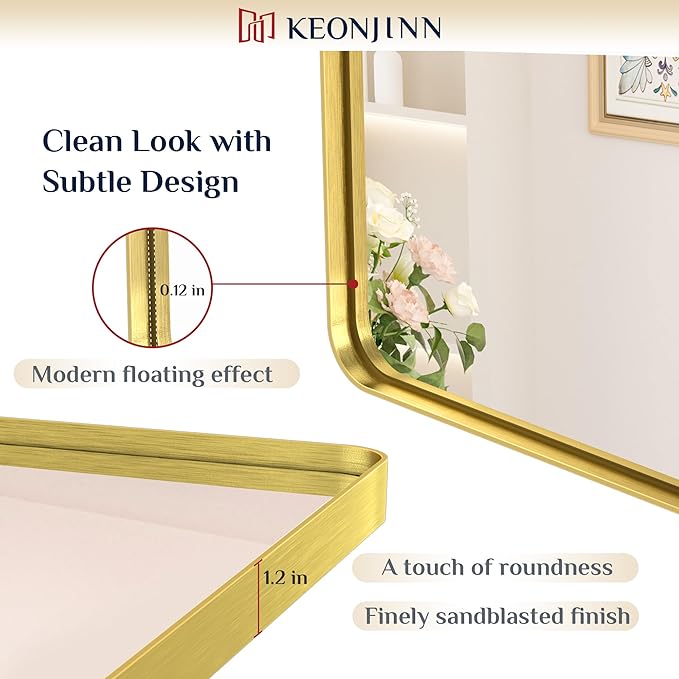 Keonjinn Gold Bathroom Mirrors for Over Sink, 40” x 24” Rounded Rectangle - Image 3