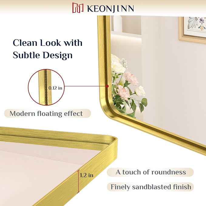 Keonjinn Gold Bathroom Mirror for Over Sink, Large Rounded Rectangle Gold - Image 2