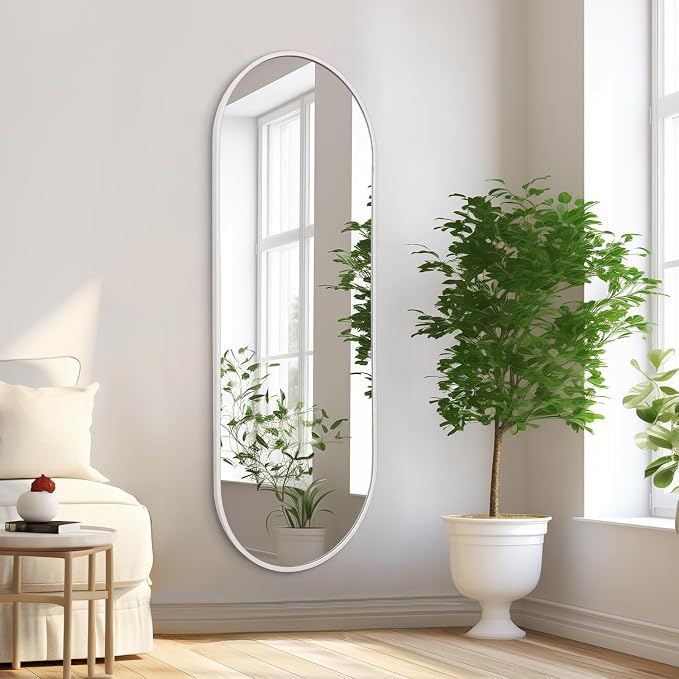 Oval Bathroom Mirror 48 x 16 Inch, Large White Full Length Mirror, Oval Pill by HLFMVWE
