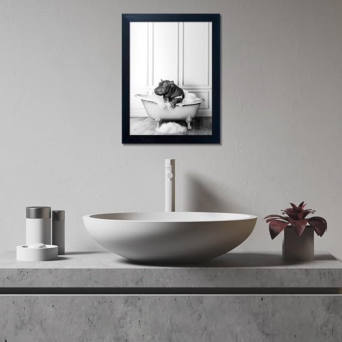 Black and White Bathroom Decor Funny Hippo in Bathtub Wall Art Framed Humor - Image 6