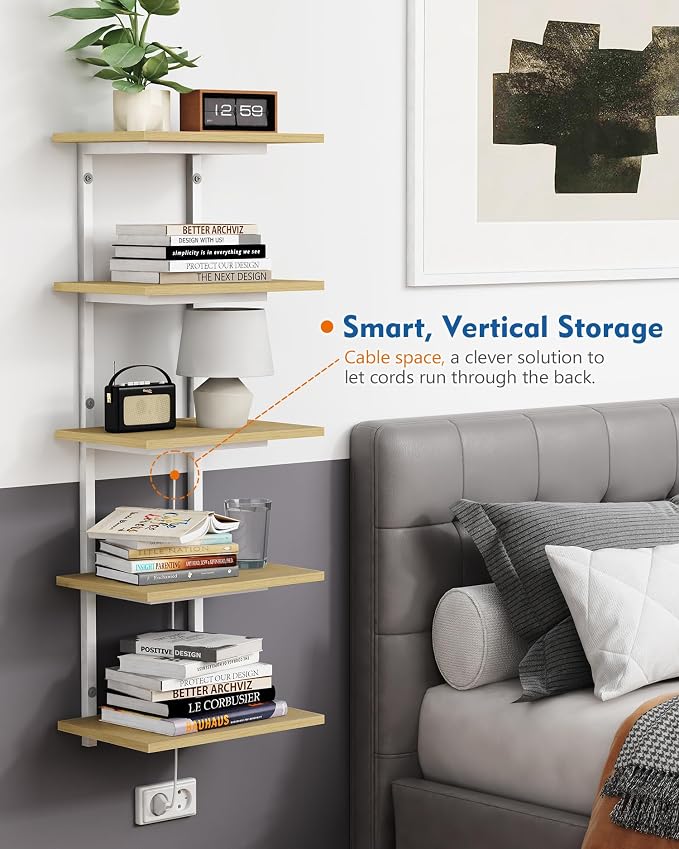 Harwaya White and Natural Tiered Wall Shelf Unit, 5 Tier Display Floating - Image 5