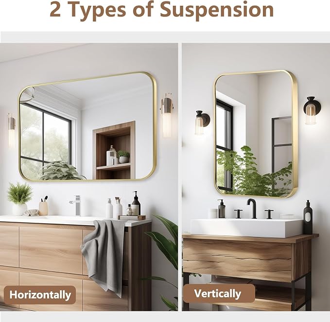 48x30 Inch Gold Bathroom Mirror, Brushed Gold Metal Framed Rectangular Mirror - Image 6