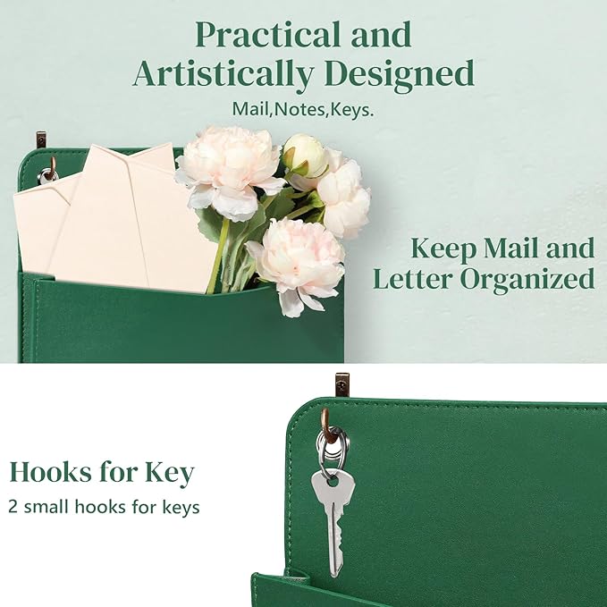 3 PCS Wall Mount PU Leather Mail Holder Green Faux Leather Letter Holder - Image 5