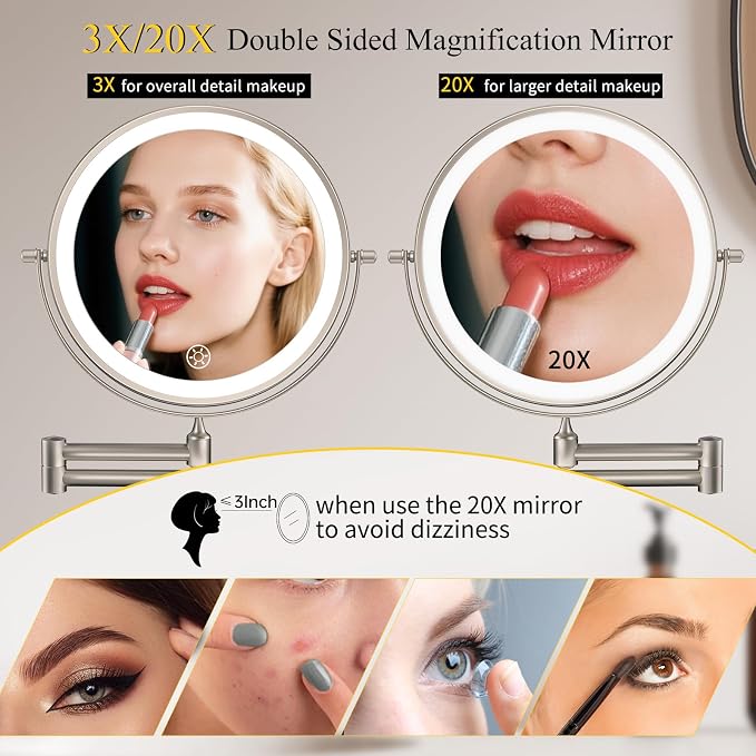 FUNTOUCH 3X/20X Wall Mounted Lighted Makeup Mirror, 5000mAh Rechargeable Double - Image 2