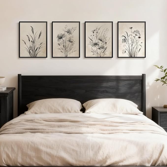 Framed Vintage Botanical Wall Art, 4 Piece Neutral Rustic Boho Floral Canvas - Image 2